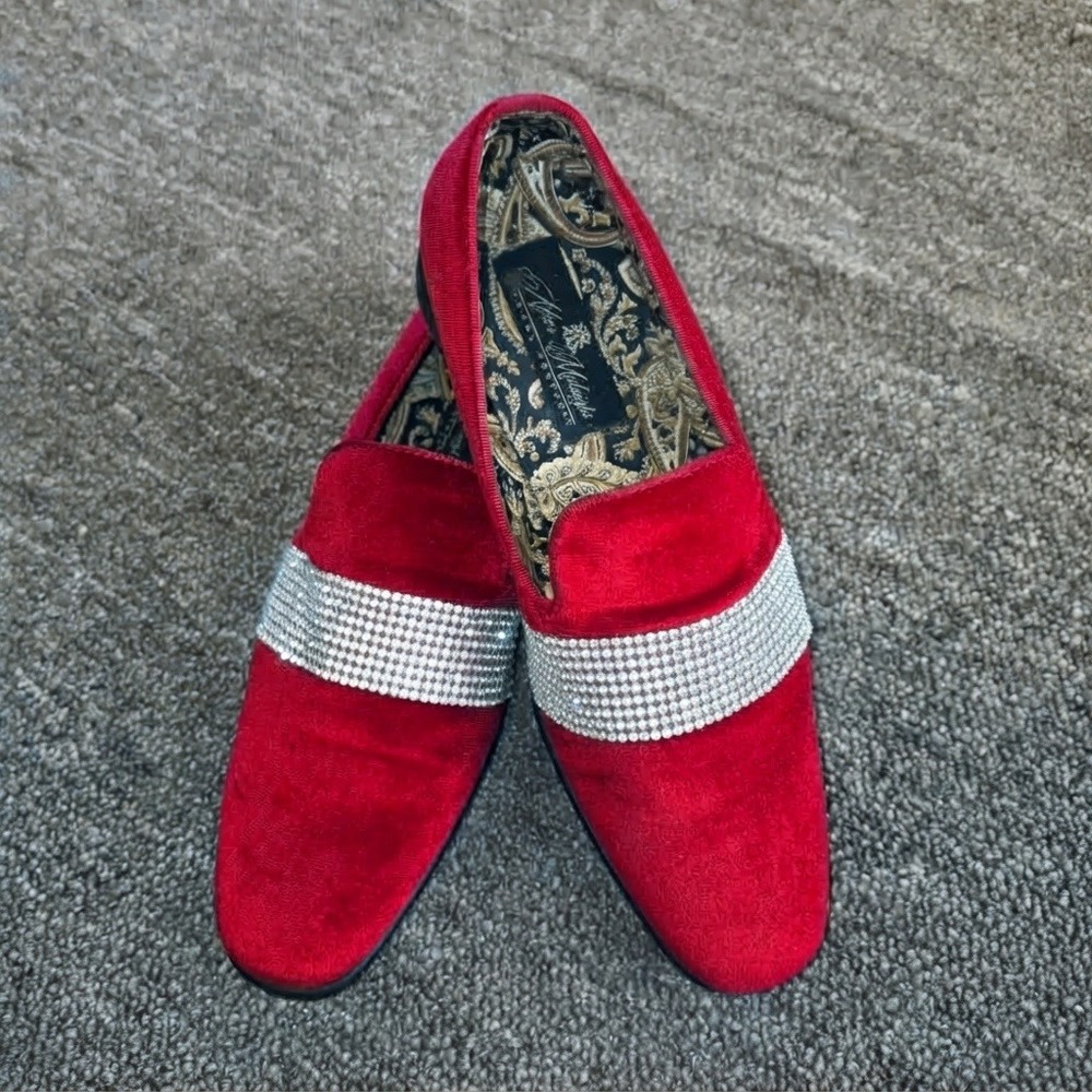 After Midnight Loafers Men 10.5 Red Velvet Rhinestone Formal Slip On Shoes